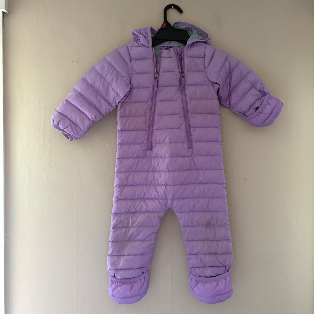 LL Bean Infant Ultralight 650 Down Bunting Suit 12-18m Purple Hooded Snowsuit